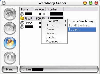 Окно `WebMoney Keeper`. Перейти в кошелек `R`, Открыть меню `Send WM`, Открыть `To bank...`